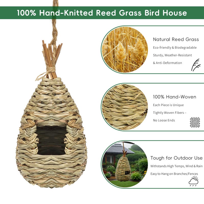 Gute Hummingbird Houses for Outside Hanging, Natural Grass Hanging Bird Hut, Hand Woven Bird Nest, Large Wren Finch Bird House for Garden Window Outdoor Home Decoration, 3 Pack - Image 4